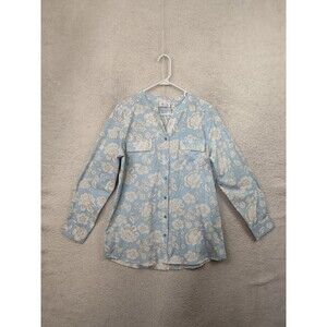 Denim Company Women Top Small Blue Floral Poly Blend Long Sleeve Blouse Fit